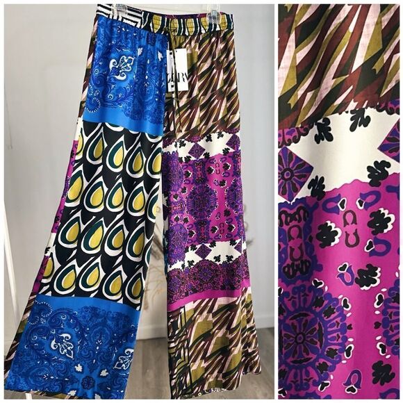 Zara Wide Leg Patchwork Flowy Pants - Picture 1 of 4